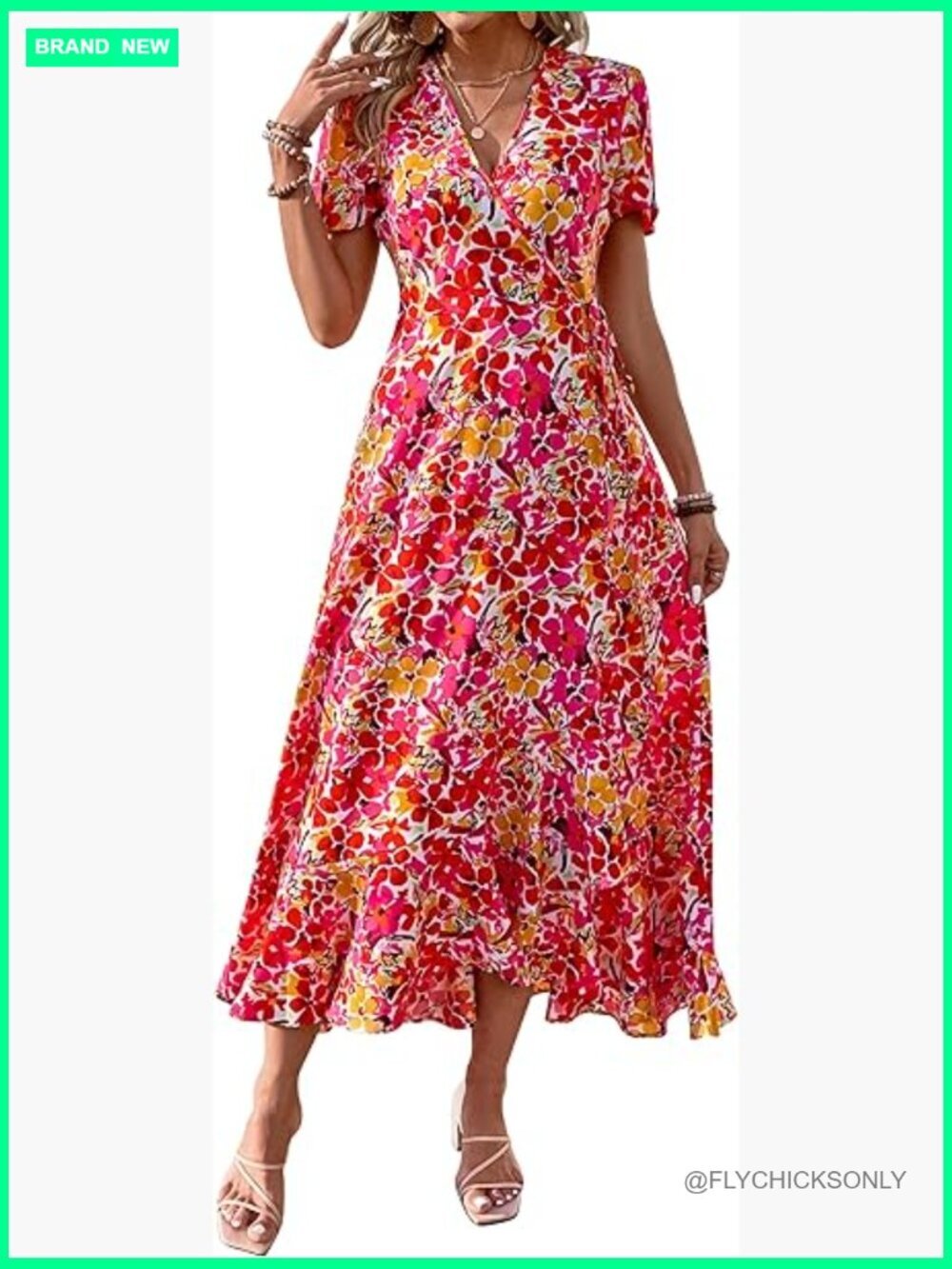 Polyester Spandex Wrap V-Neck Maxi Dress Boho Floral Beach Wedding